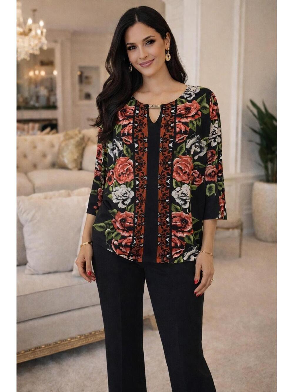 Susan Graver Women's Liquid Knit Multicolor Roses Keyhole Rose Detail Top, M